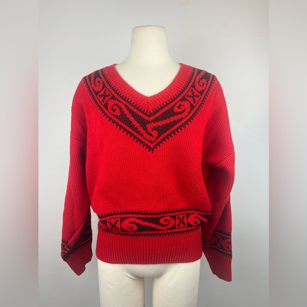 Vtg 70s Hunting Horn Large Men/women V Neck Knit Sweater Tribal Red Streetwear